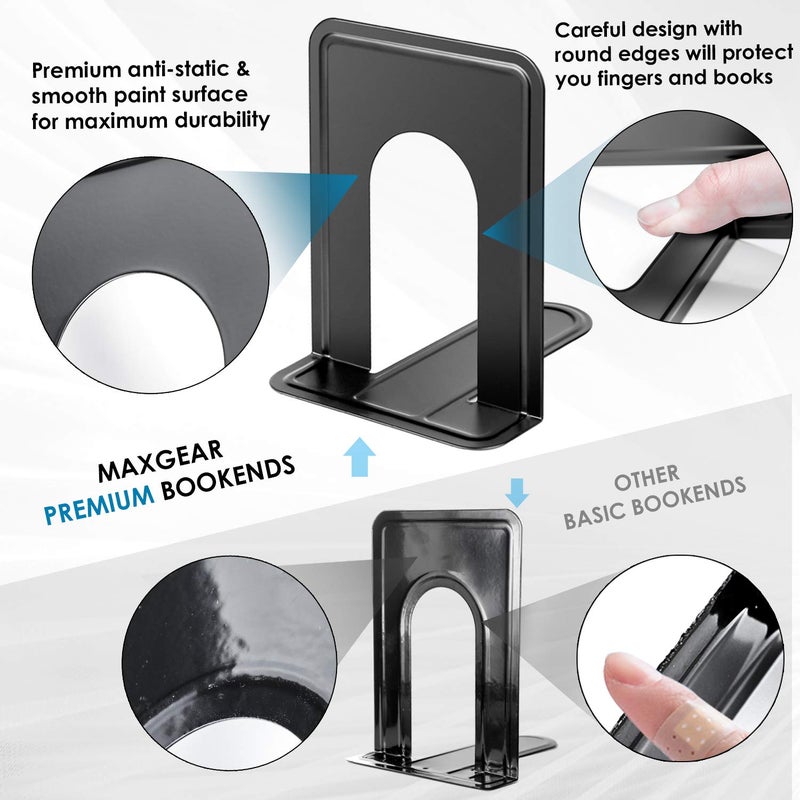 MaxGear Premium Matte Painted Book Ends  Heavy Duty & Sturdy Bookends for Shelves  Office Non-Skid Metal Book End  Book Stopper for Books/CDs/DVDs  6 x 4.6 x 6 in  Black (2 Pairs/4 Pieces  Large) - Image 2